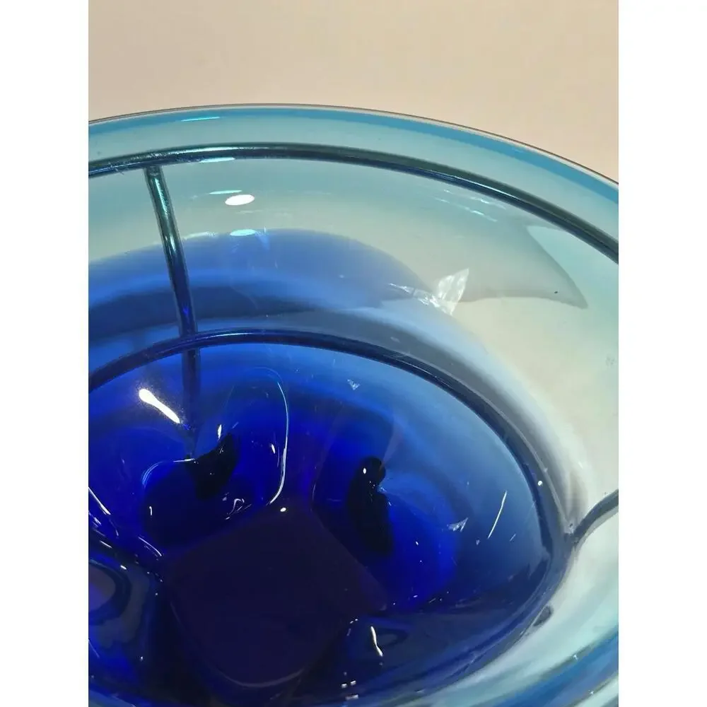 MCM Blue Ombre Hand Blown Glass Console Bowl With Silver Stand 1950s - Picture 6 of 7